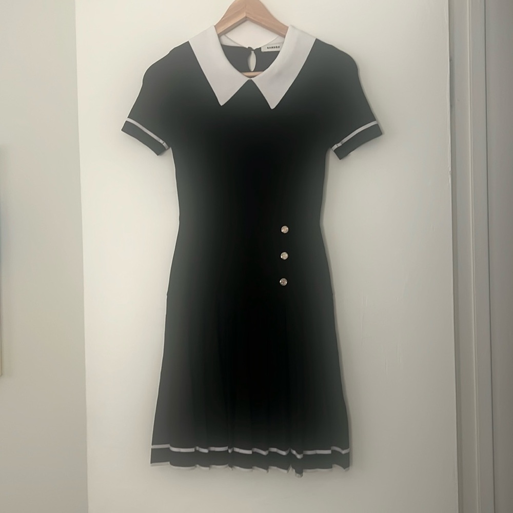 Sandro Hirondelle Contrast Trim Pleated Mini Dress